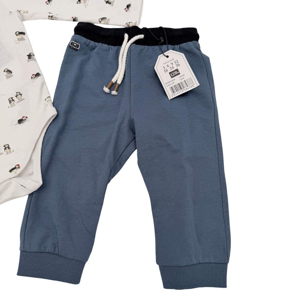 Ensemble bébé body imprimé et pantalon bleu — 12 mois