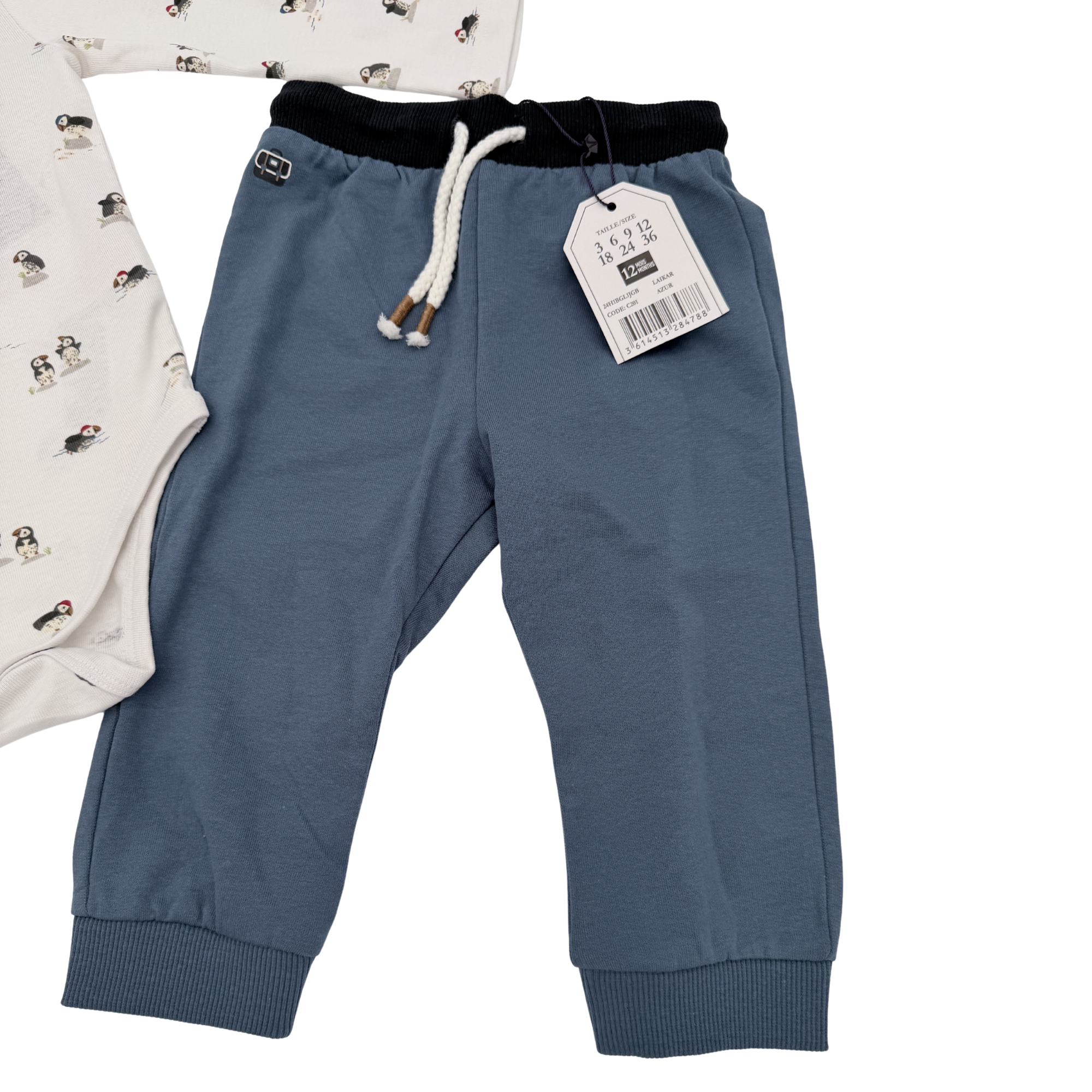 Ensemble bébé body imprimé et pantalon bleu — 12 mois
