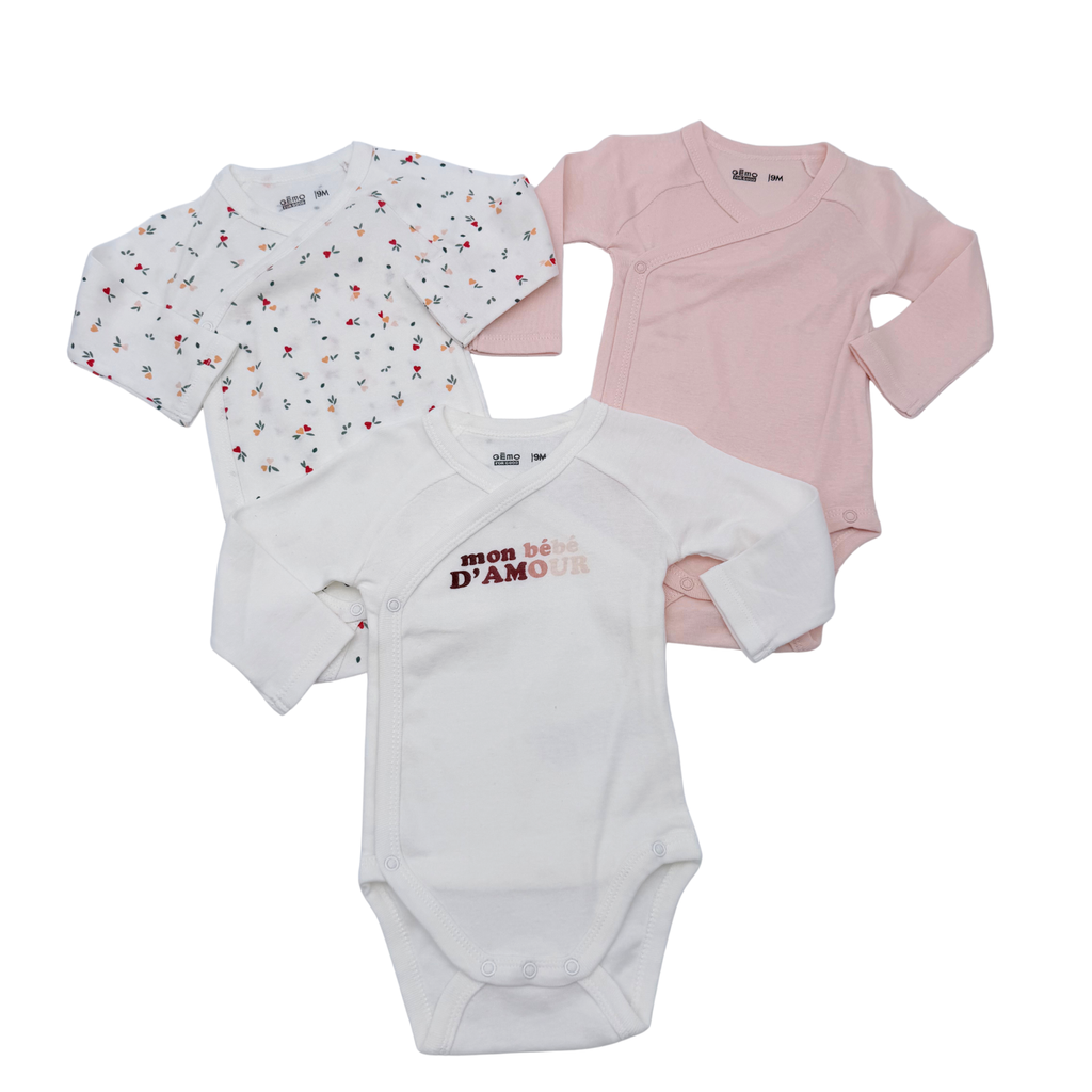 Lot de 3 bodies cache-cœur rose et blanc - 9 mois