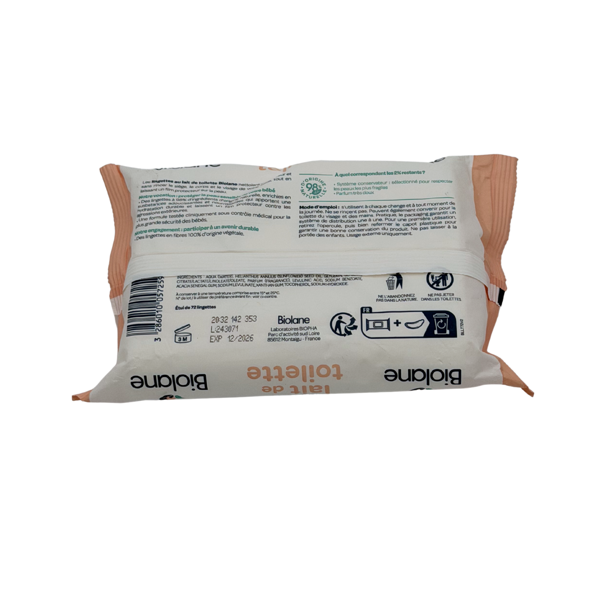 Paquet de 72 lingettes lait de toilette