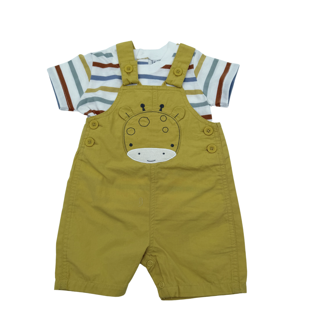 Ensemble salopette courte moutarde et t-shirt rayé — 6 mois