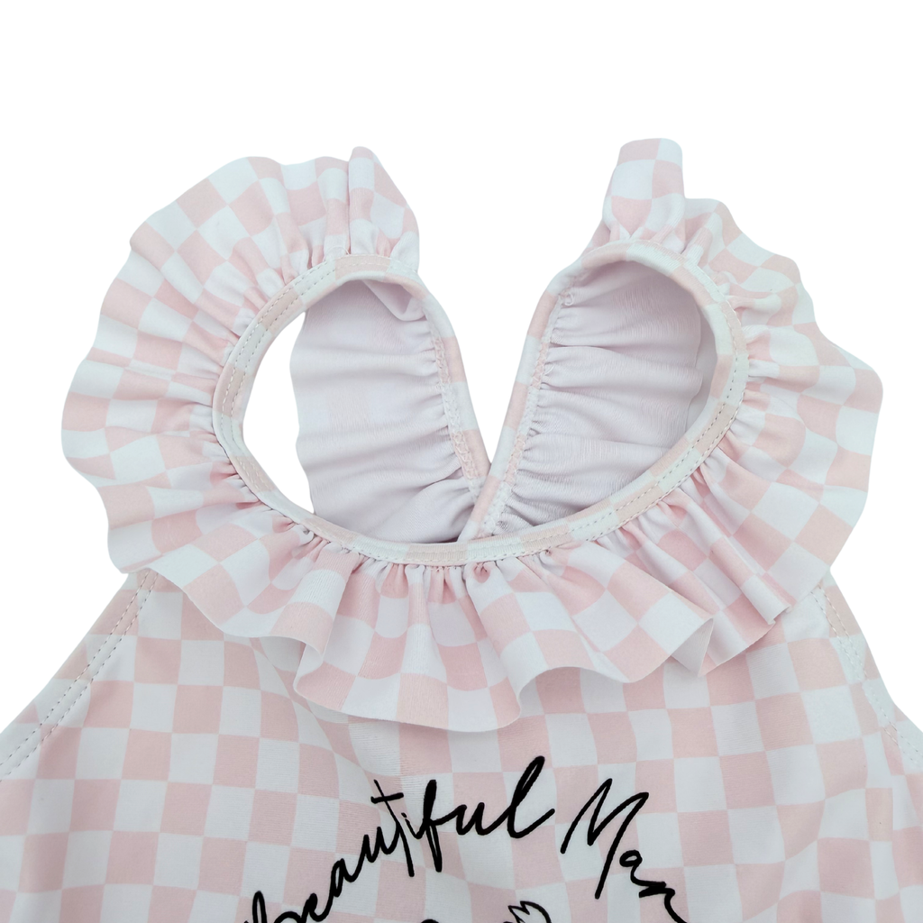 Maillot de bain rose à carreaux et volants — 36 mois