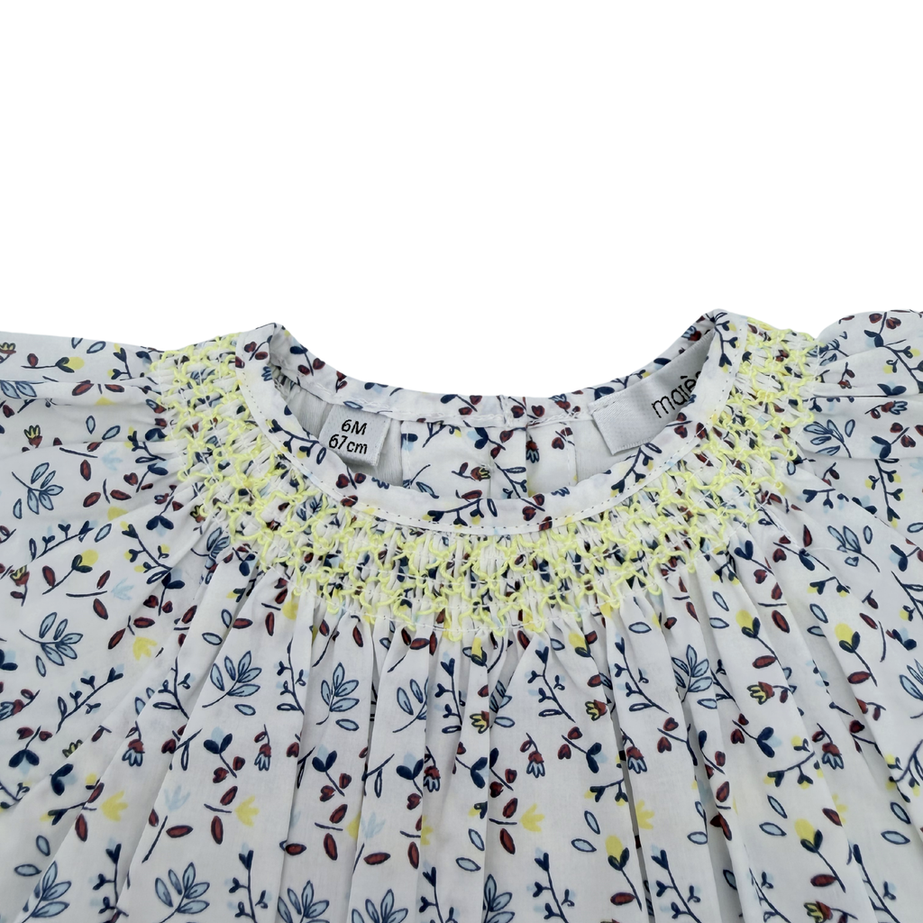 Robe fleurie blanche et bleu avec bloomer jaune — 6 mois