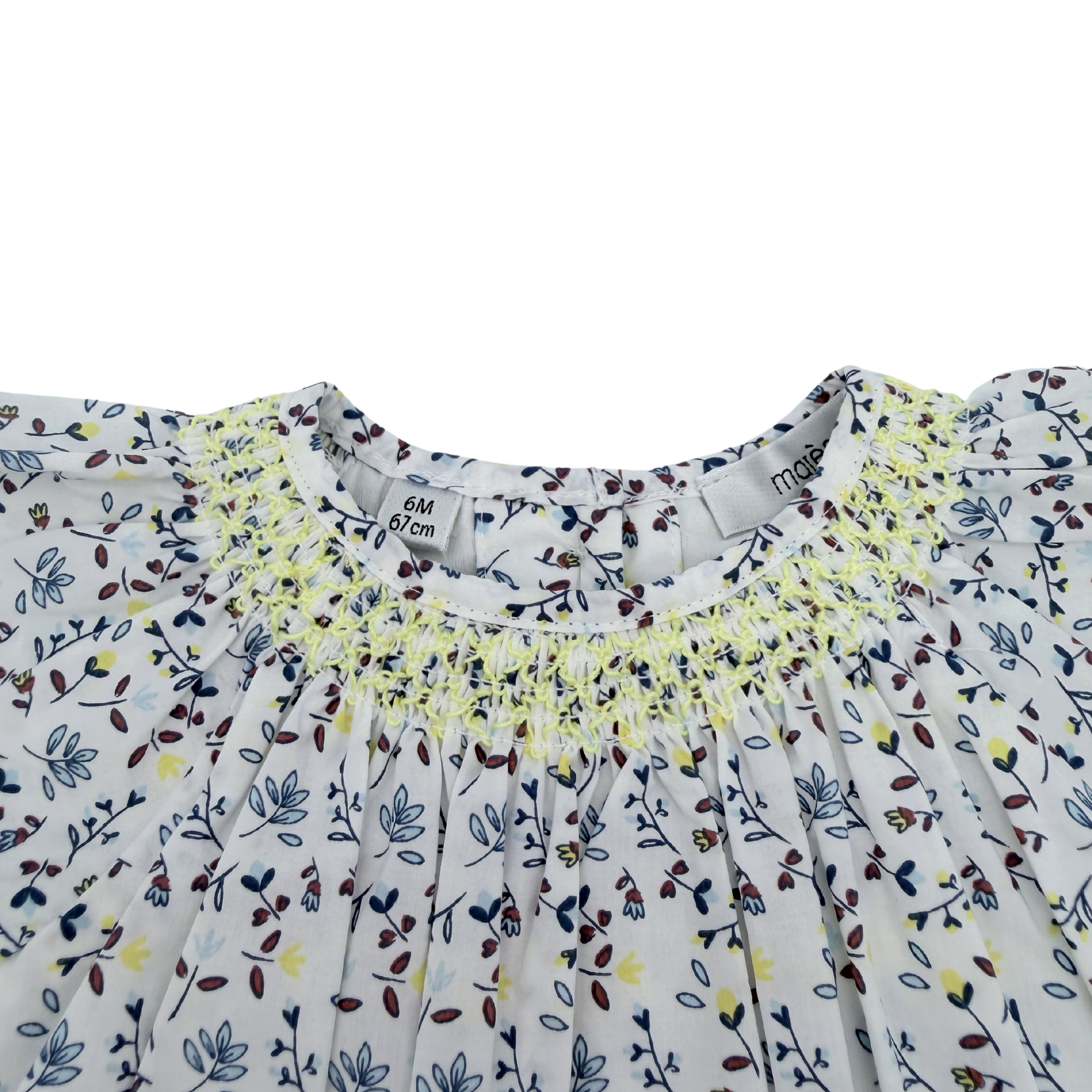 Robe fleurie blanche et bleu avec bloomer jaune — 6 mois