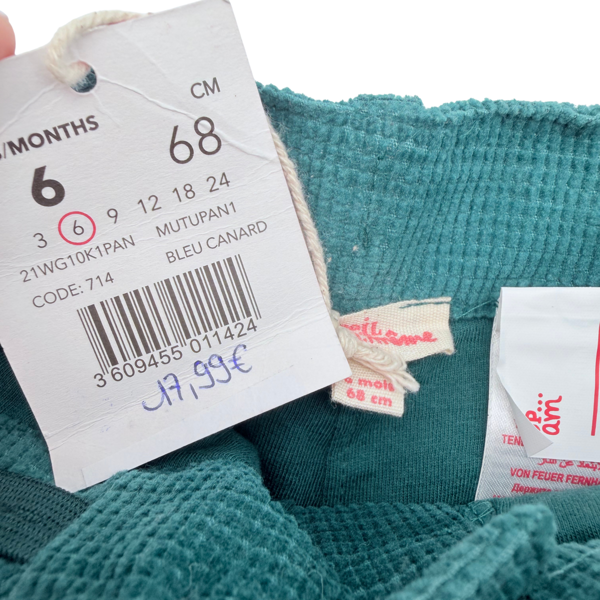Pantalon vert canard en velours côtelé à poche cargo - 6 mois