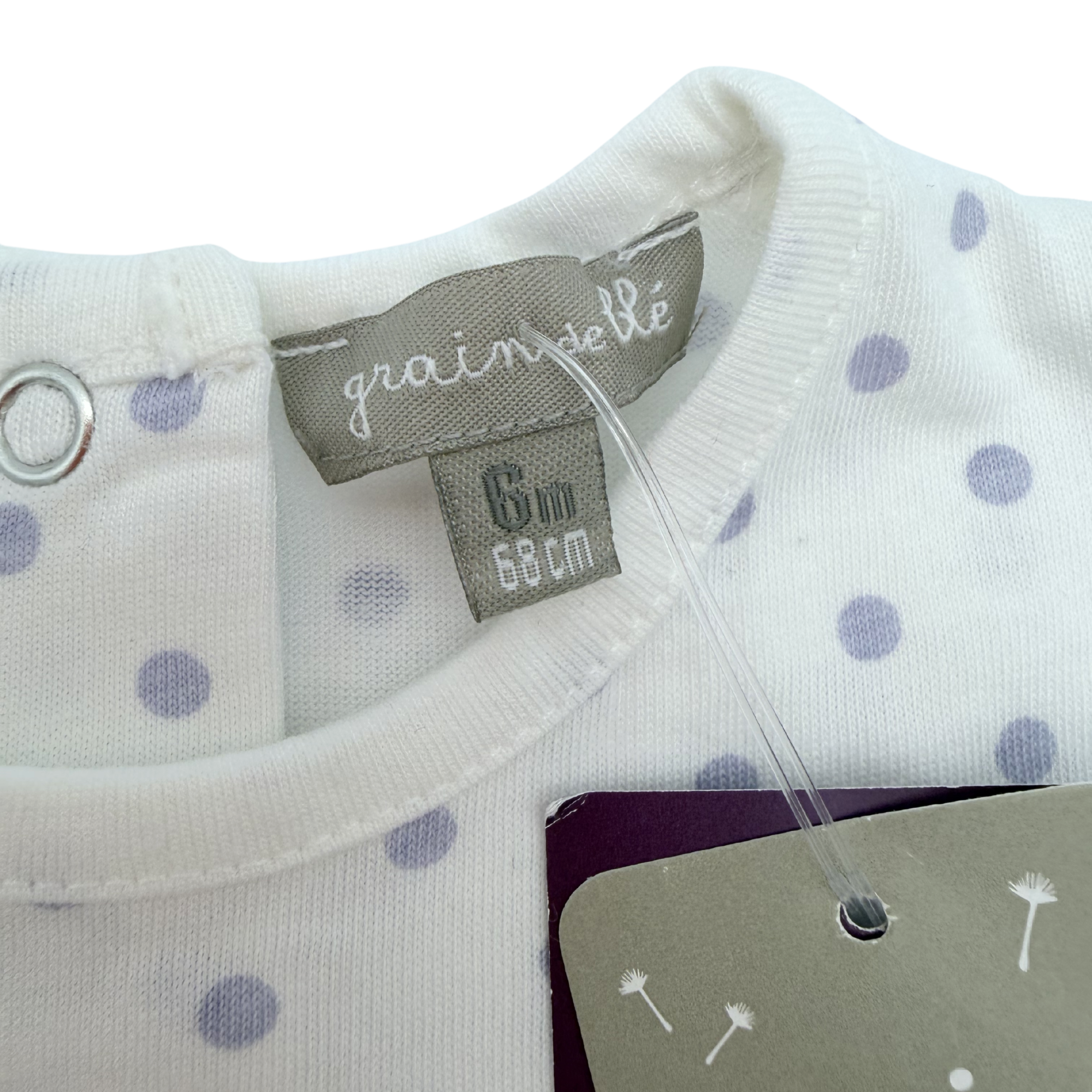 T-shirt blanc à pois lavande — 6 mois