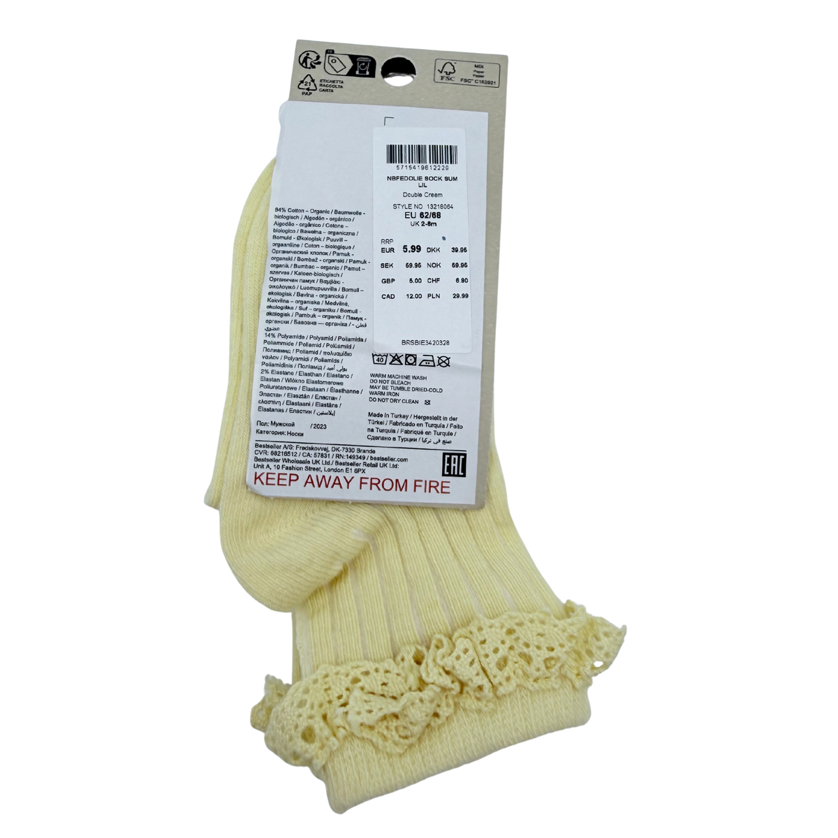 Chaussettes bébé jaunes en coton biologique à bordure dentelle - 2-6 mois