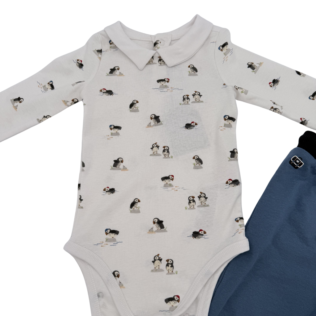 Ensemble bébé body imprimé et pantalon bleu — 12 mois
