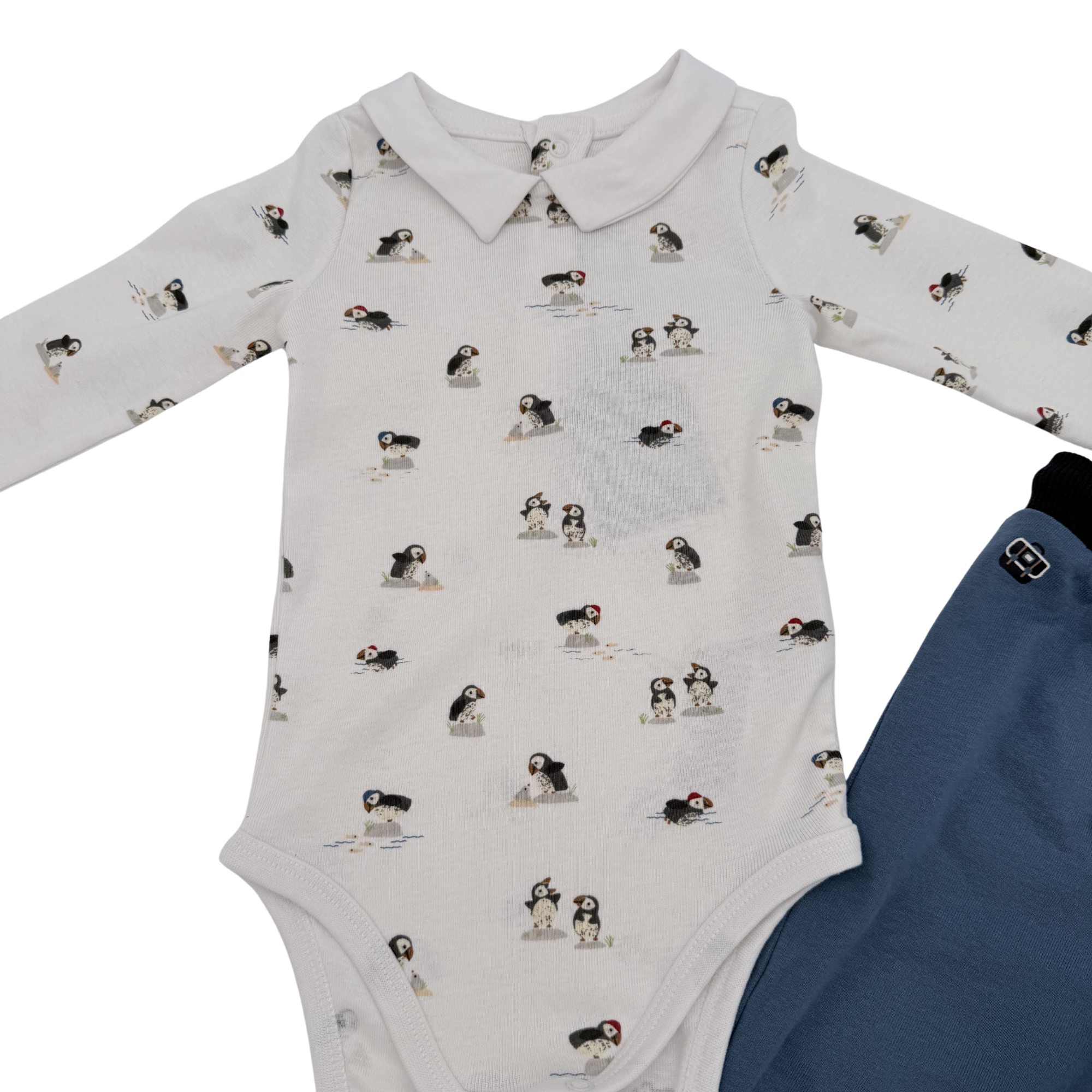 Ensemble bébé body imprimé et pantalon bleu — 12 mois
