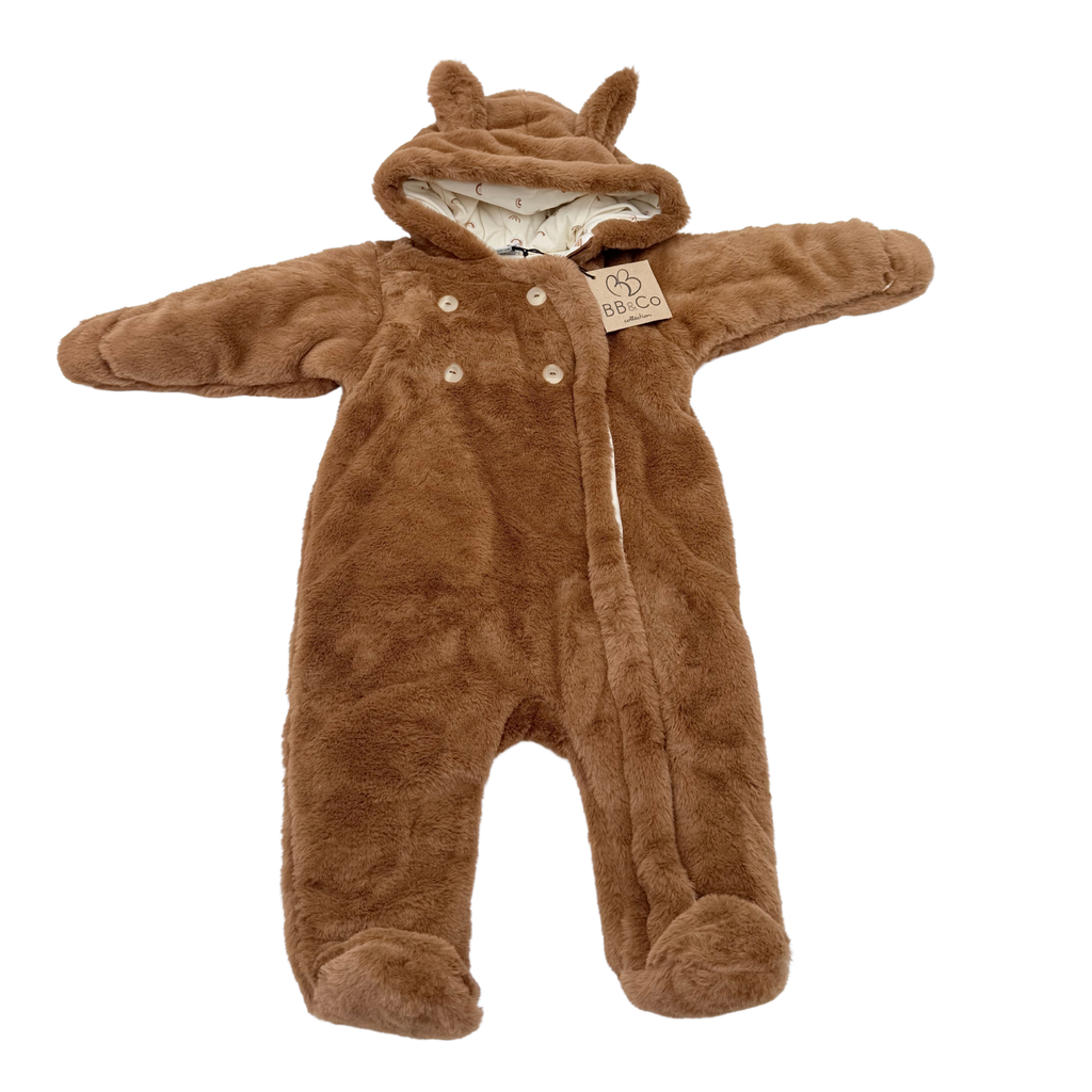Combinaison pilote bébé marron en fausse fourrure à capuche - 6-12 mois