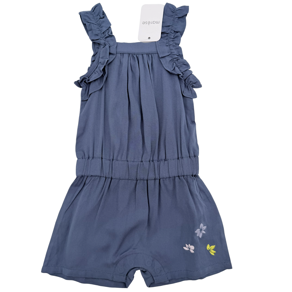 Combishort bleu à volants et broderies fleurs — 6 mois