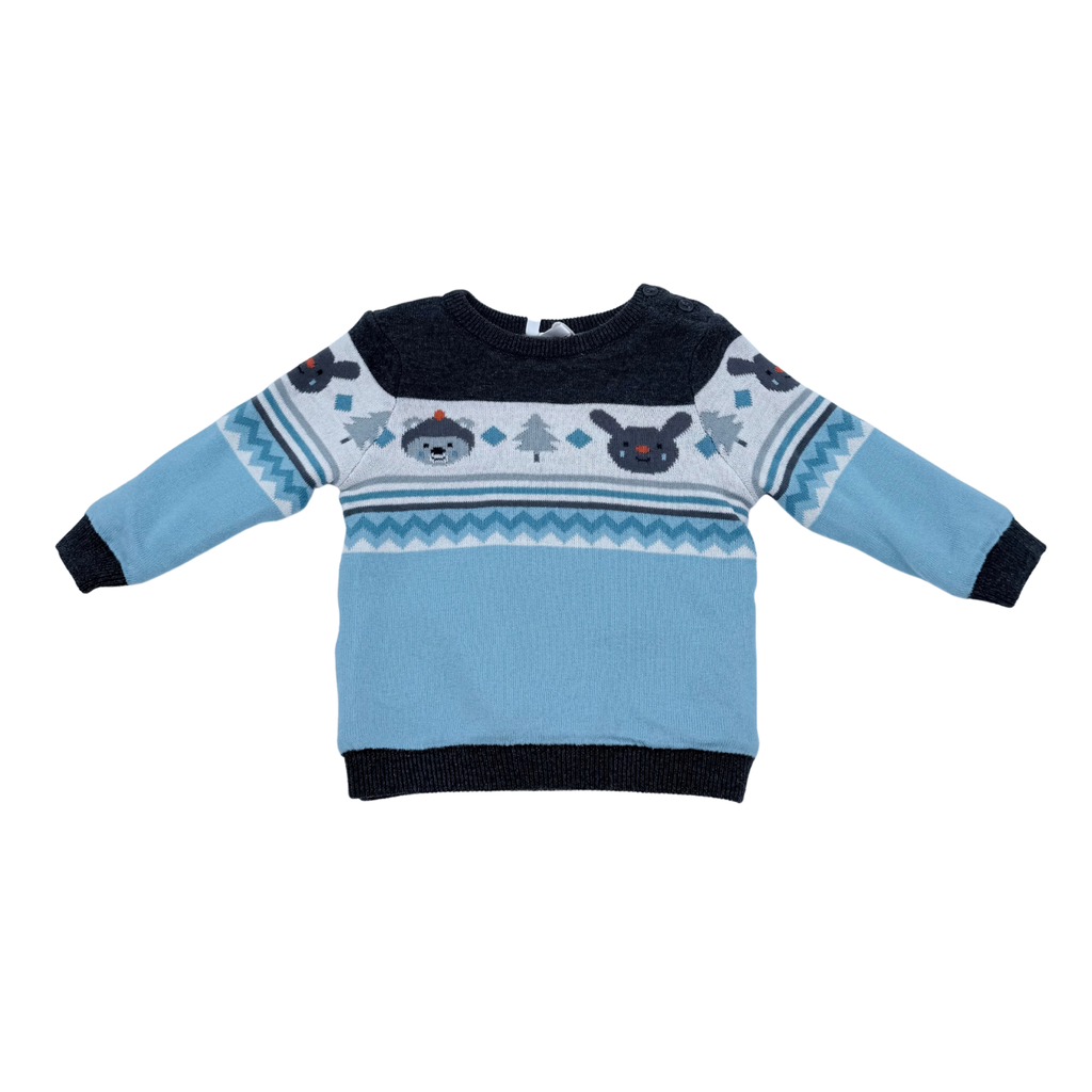 Pull bébé en tricot jacquard bleu et gris doublé velours - 6 mois