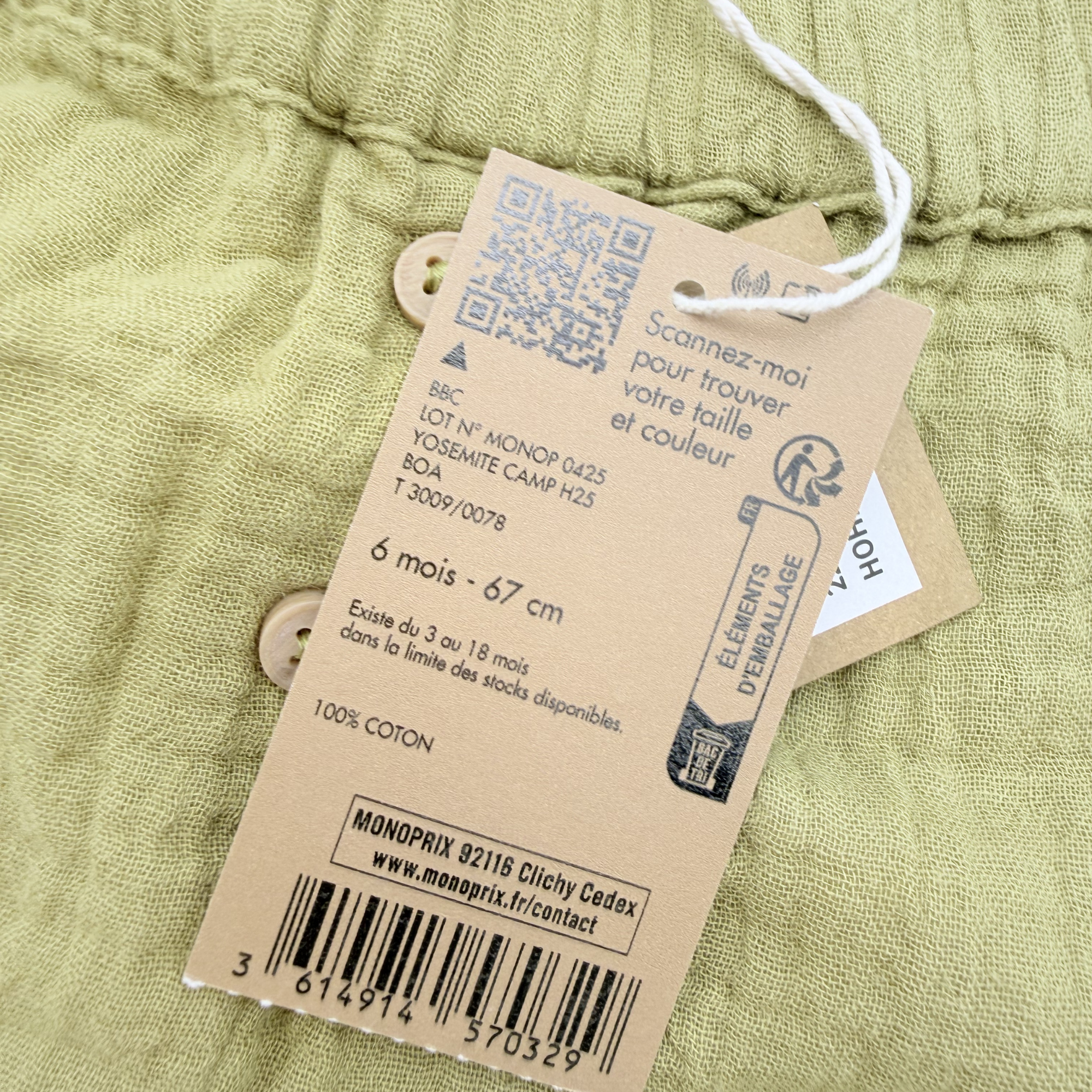 Pantalon en gaze de coton kaki – 6 mois