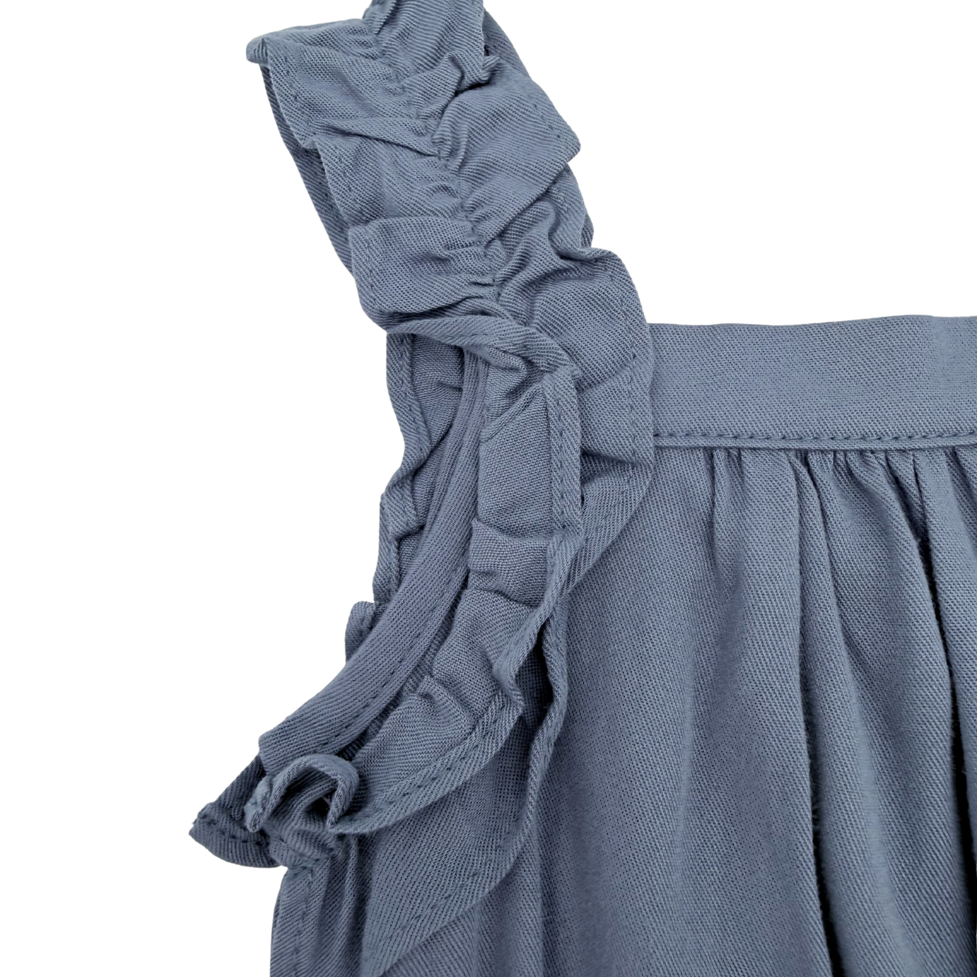 Combishort bleu à volants et broderies fleurs — 6 mois