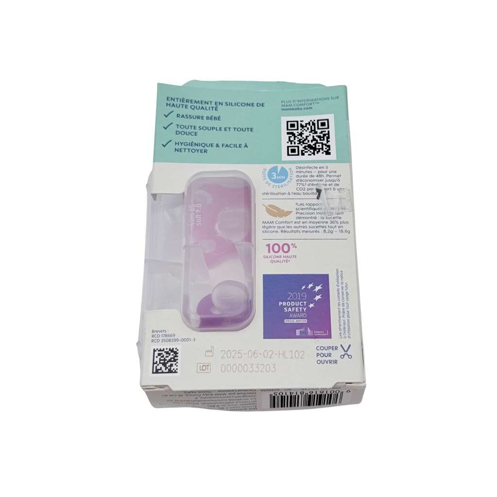 Lot de 2 sucettes Comfort en silicone rose et violet – 0 à 2 mois