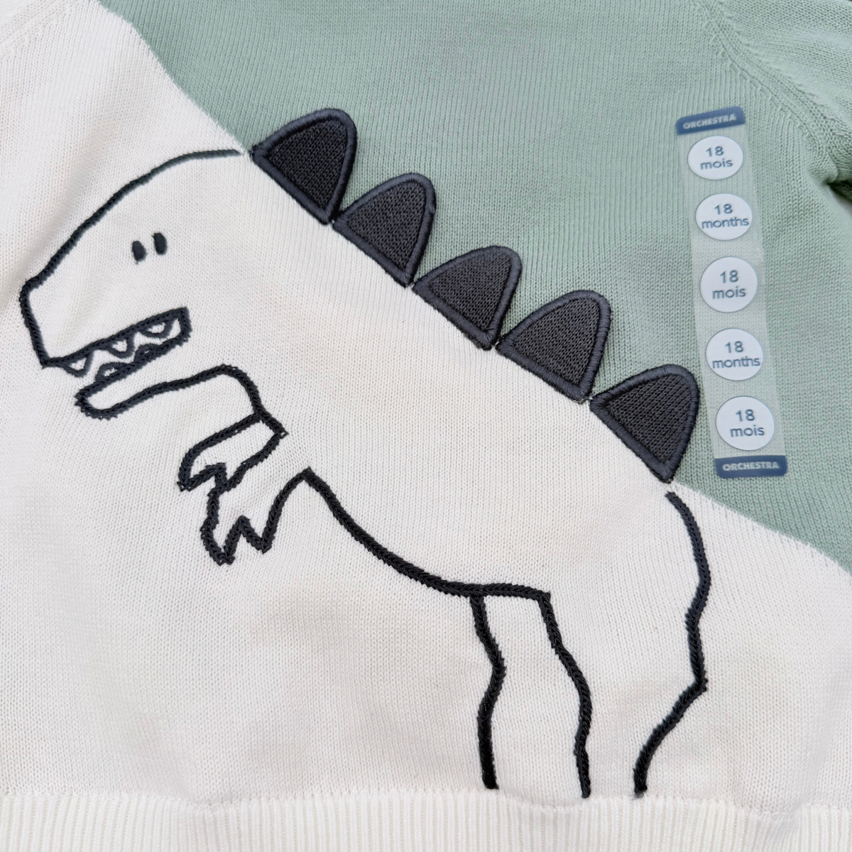 Pull bébé écru et vert motif dinosaure doublé chaud - 18 mois
