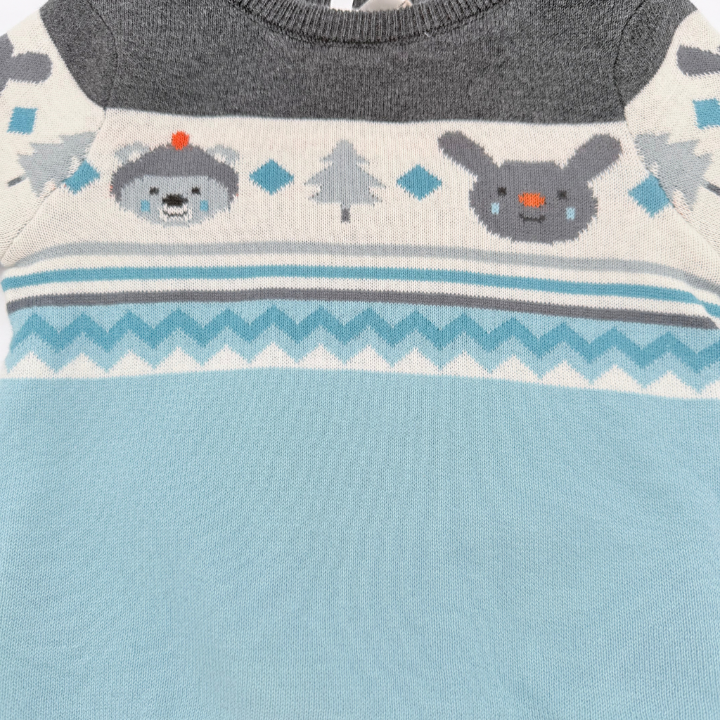 Pull bébé en tricot jacquard bleu et gris doublé velours - 6 mois