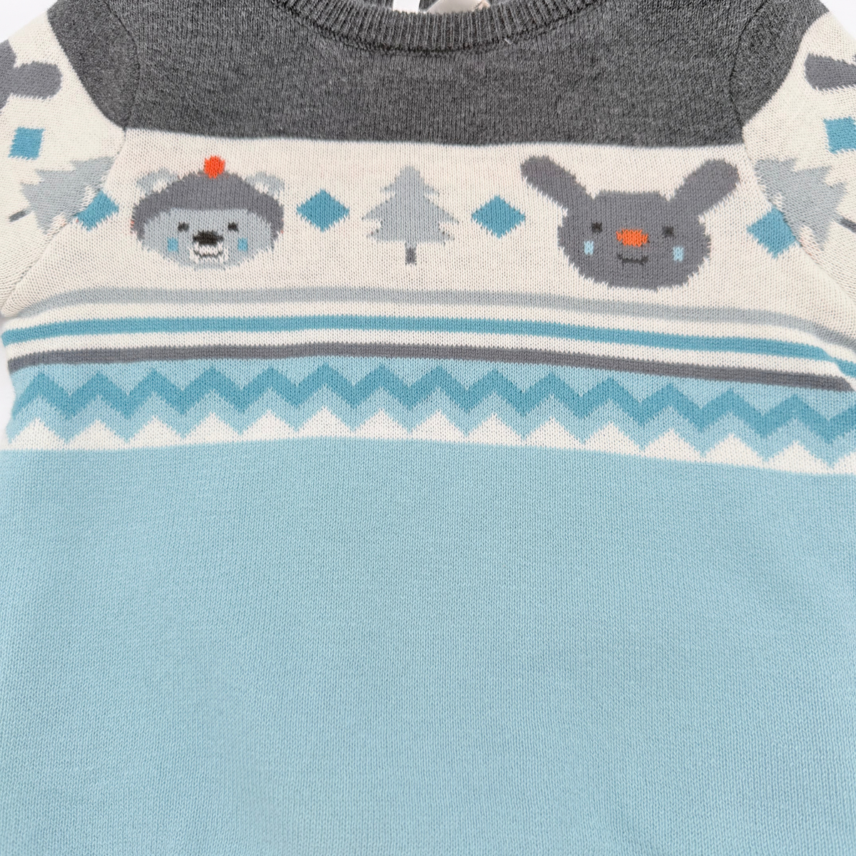 Pull bébé en tricot jacquard bleu et gris doublé velours - 6 mois