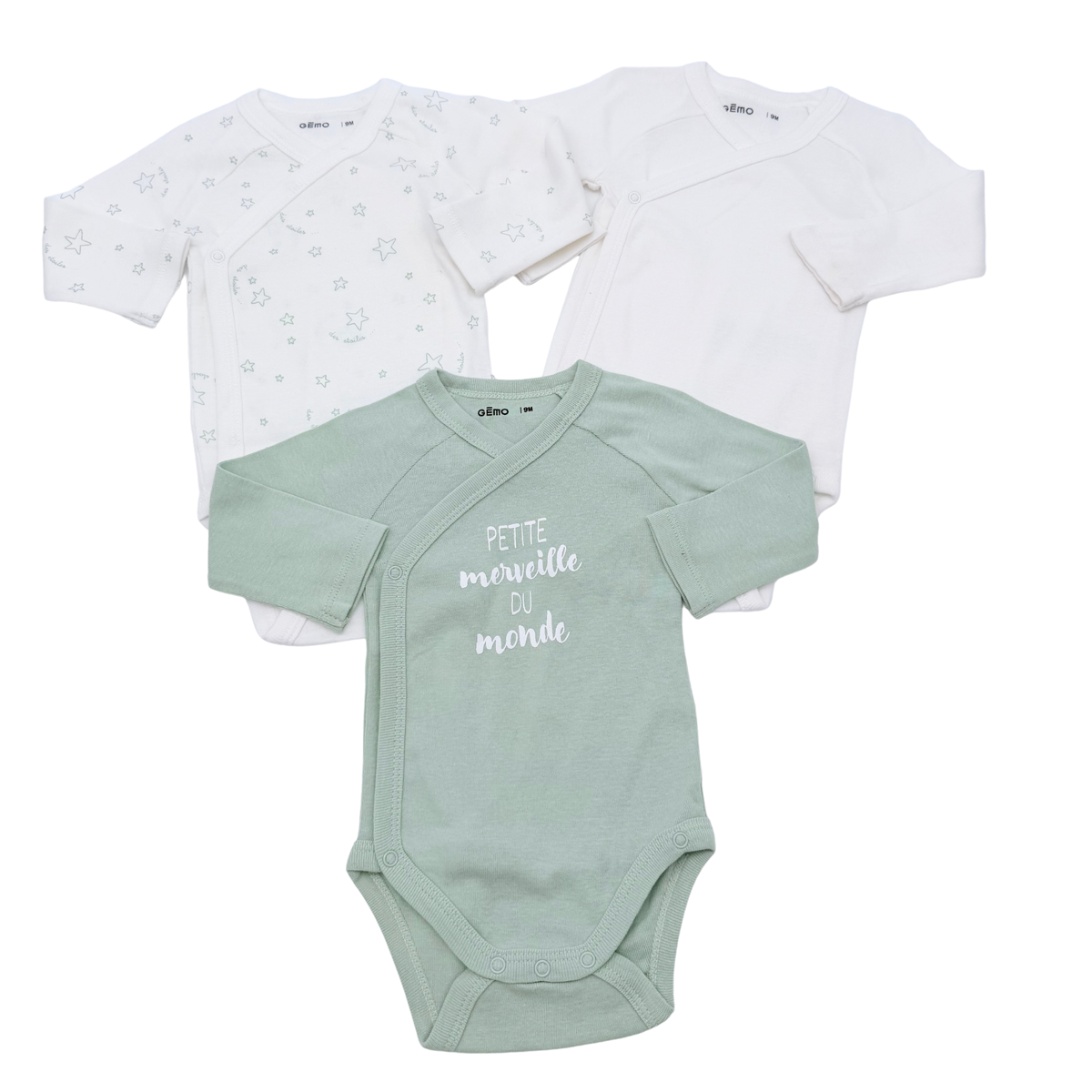 Lot de 3 bodies cache-cœur blanc et vert sauge - 9 mois
