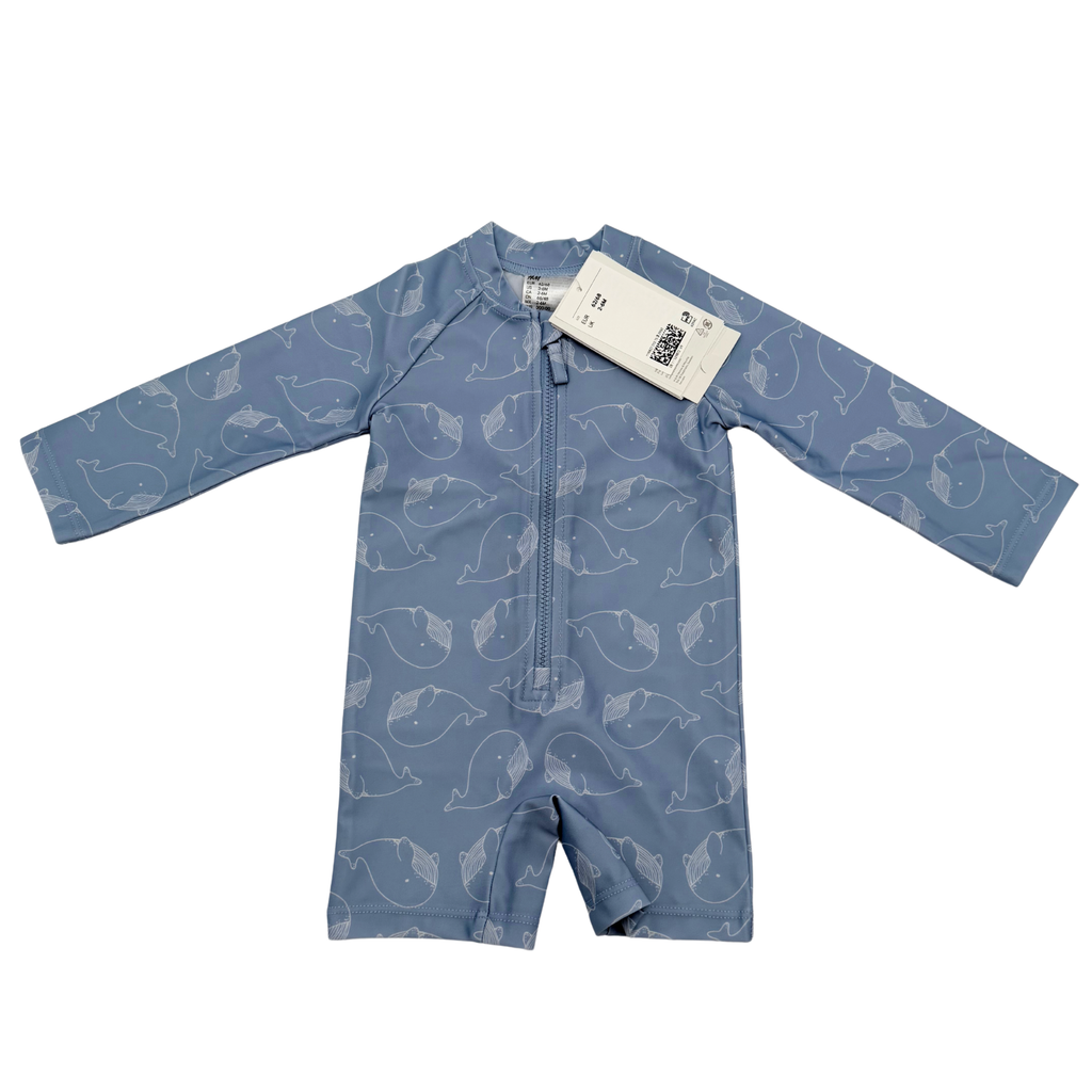 Combinaison anti-UV bébé bleue à motifs baleines - 2-6 mois