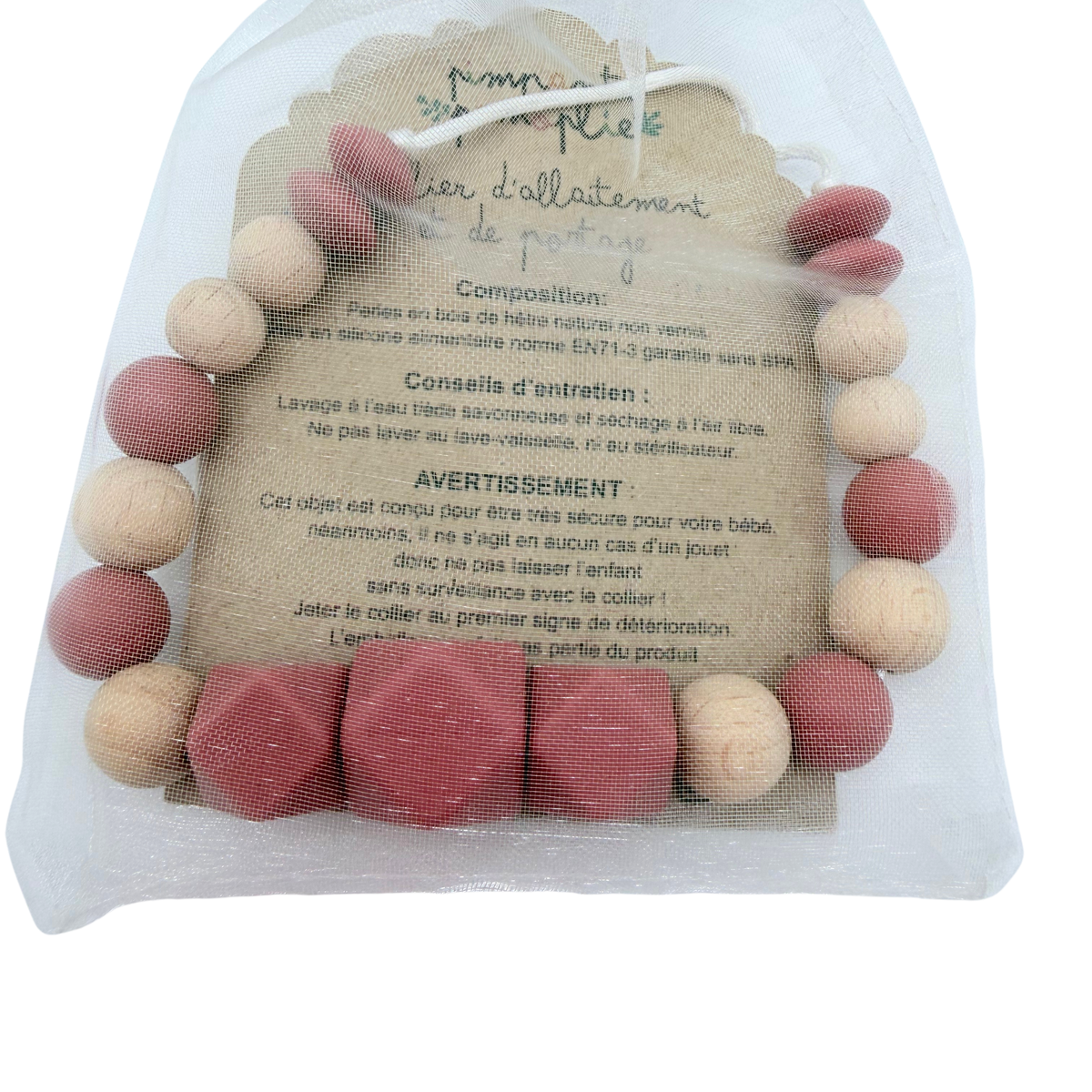 Collier de portage et d’allaitement en bois et silicone – Rose