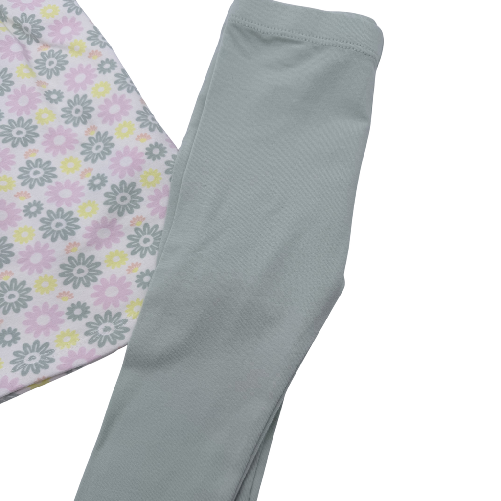 Ensemble robe fleurie et legging vert d'eau — 12 mois