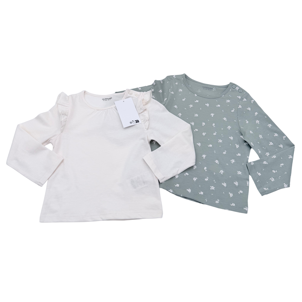Lot de 2 t-shirts manches longues écru et vert - 24 mois