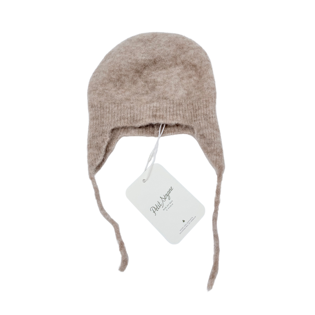 Bonnet bébé en maille beige avec liens à nouer - 6-12 mois