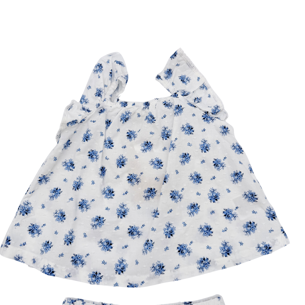 Ensemble blouse et short fleuris blanc et bleu – 9-12 mois