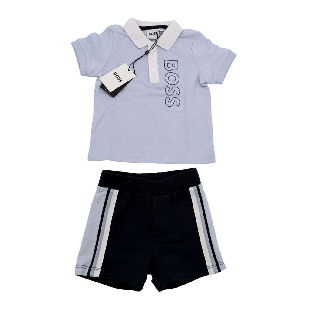 Ensemble polo bleu ciel et short bleu marine — 6 mois