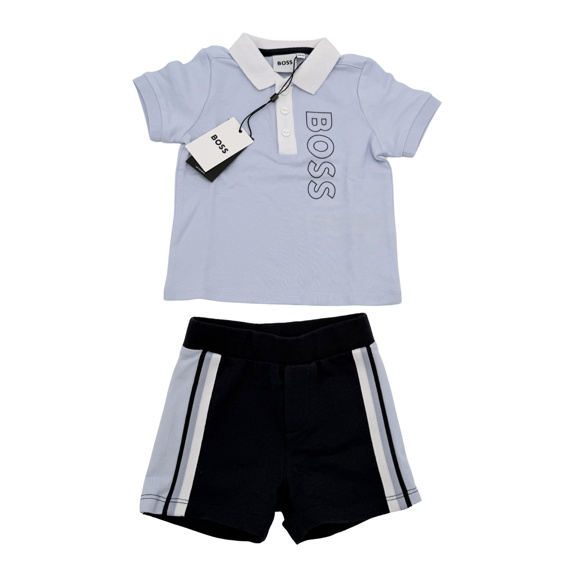 Ensemble polo bleu ciel et short bleu marine — 6 mois