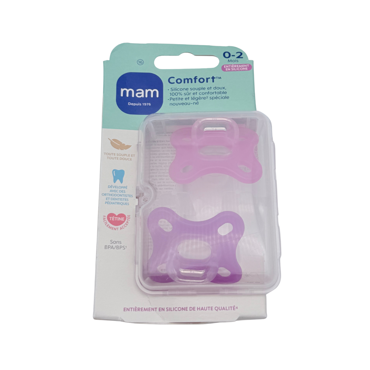 Lot de 2 sucettes Comfort en silicone rose et violet – 0 à 2 mois