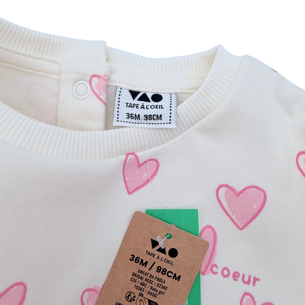 Sweat fille écru imprimé cœurs roses - 36 mois