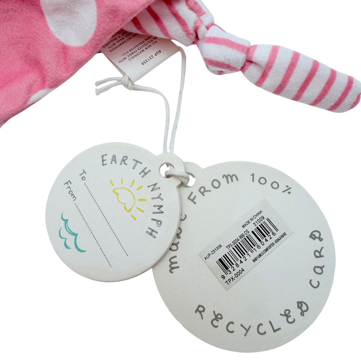 Doudou plat koala rose à pois blancs