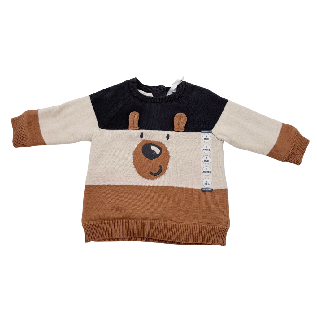 Pull bébé tricolore motif chien en relief – 3 mois