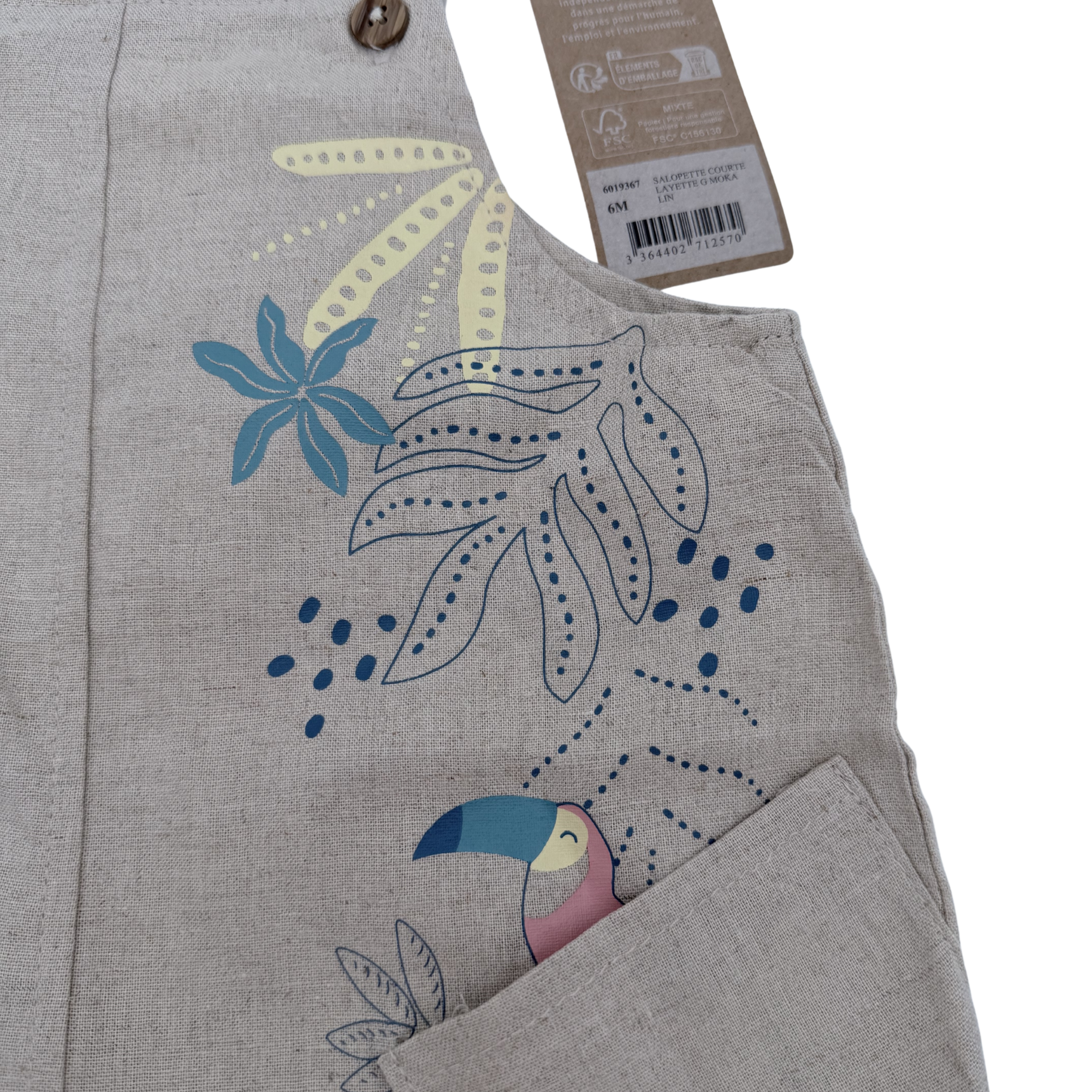 Salopette short en lin beige imprimé tropical — 6 mois