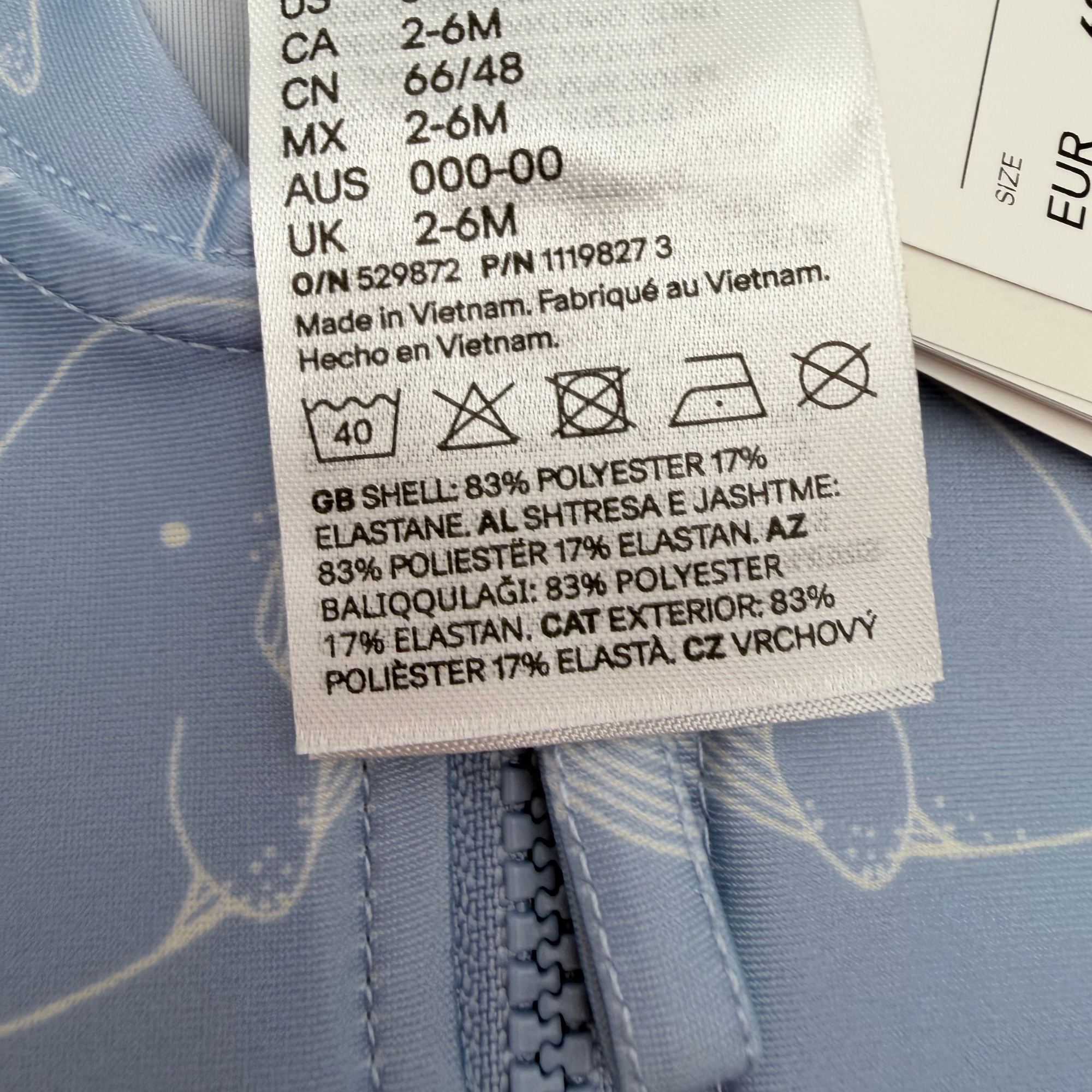 Combinaison anti-UV bébé bleue à motifs baleines - 2-6 mois