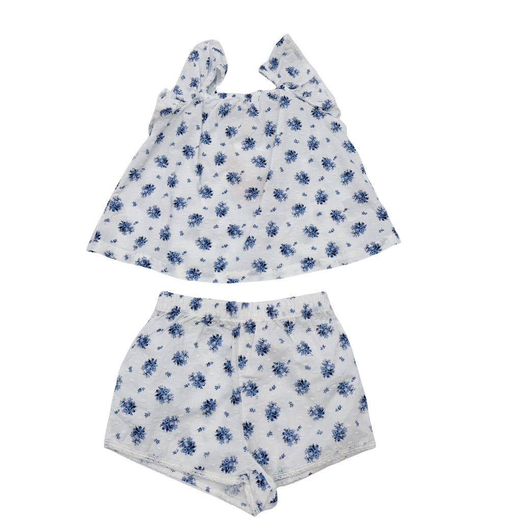 Ensemble blouse et short fleuris blanc et bleu – 9-12 mois