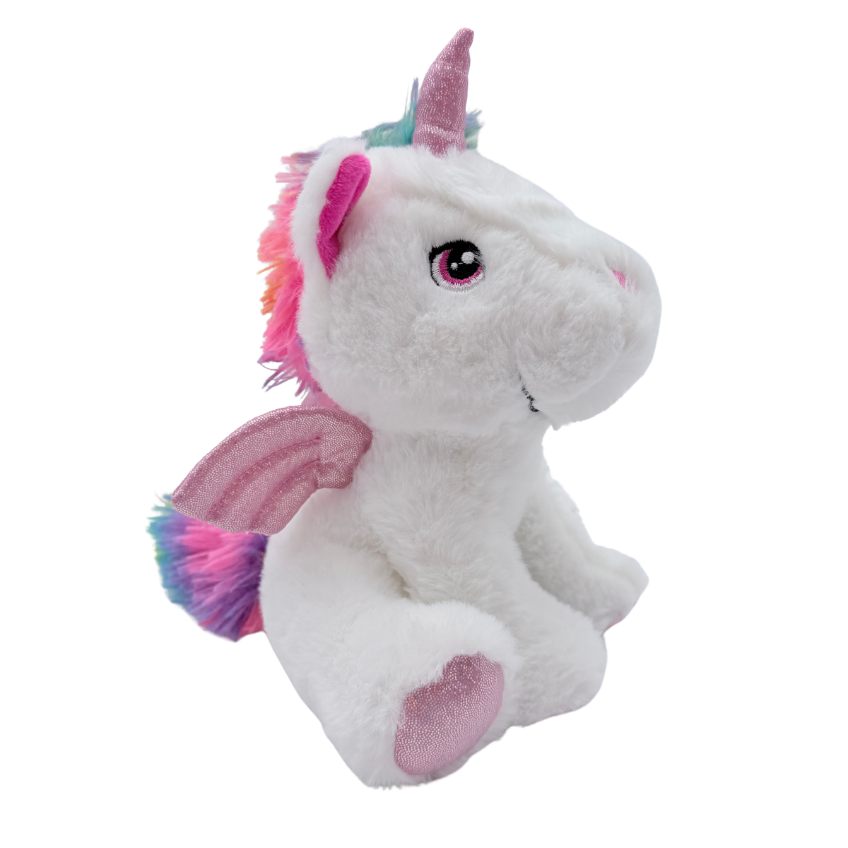 Peluche licorne blanche à crinière multicolore – 24 cm