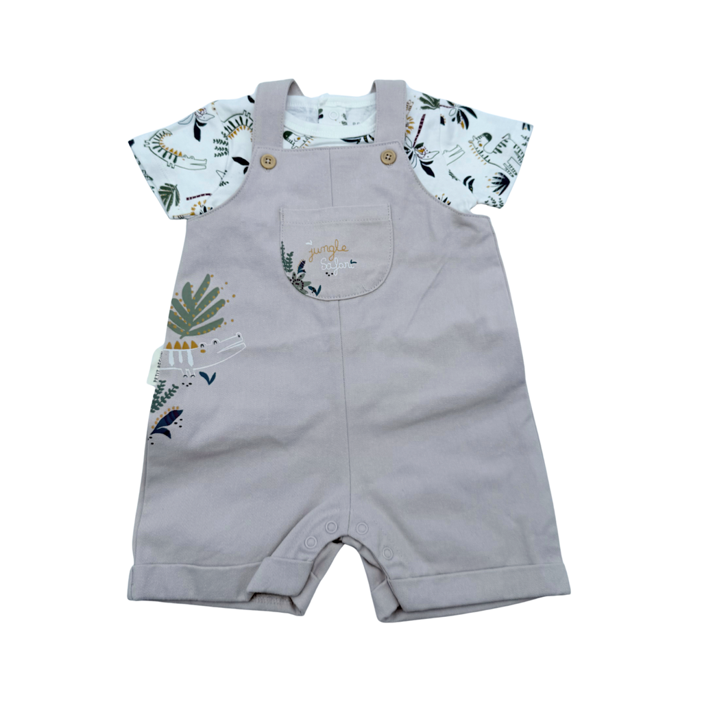 Ensemble salopette courte beige et t-shirt imprimé jungle - 6 mois