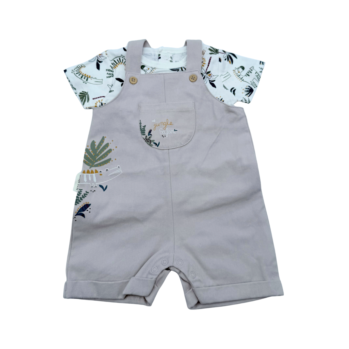 Ensemble salopette courte beige et t-shirt imprimé jungle - 6 mois