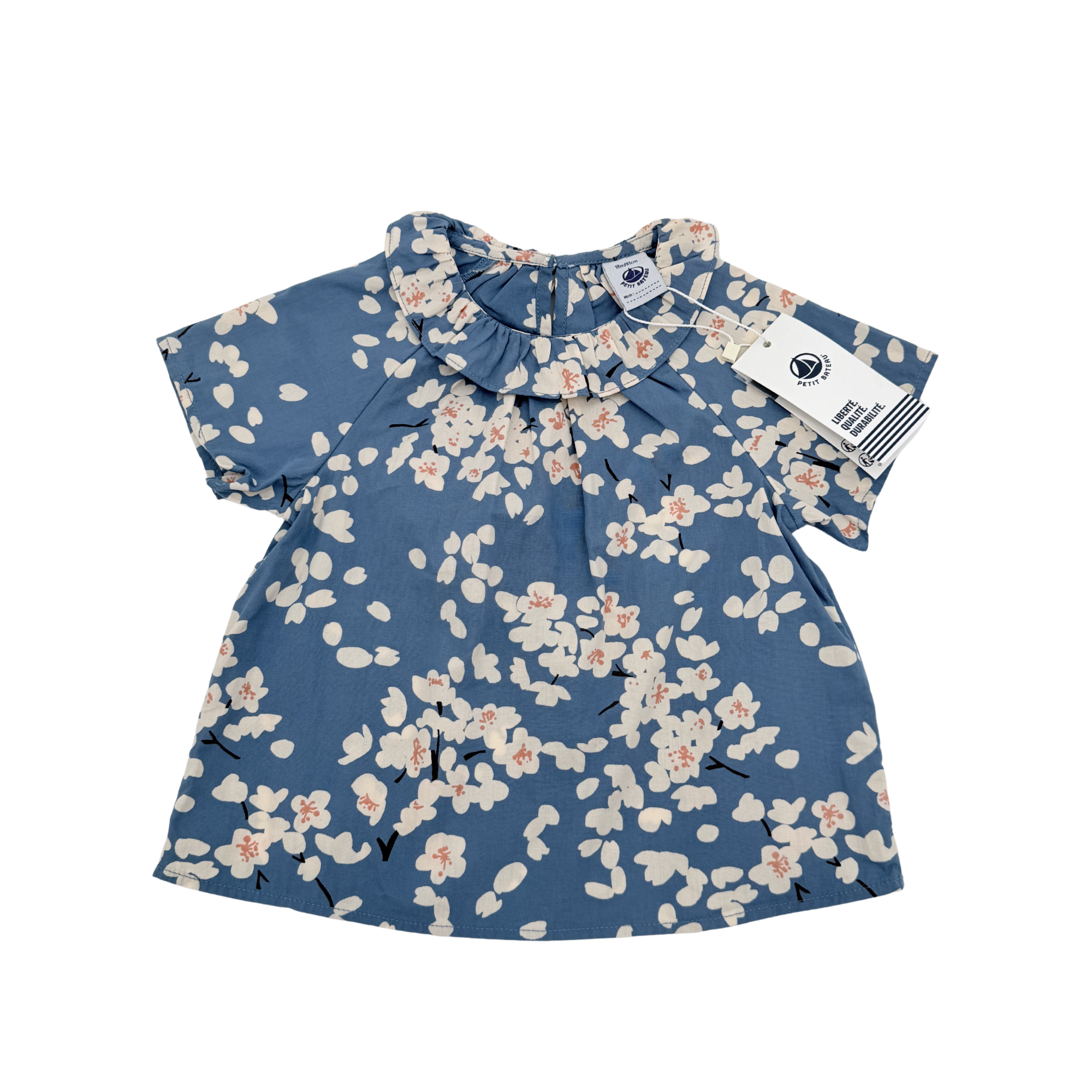 Blouse bleue imprimé fleuri à col volanté — 18 mois
