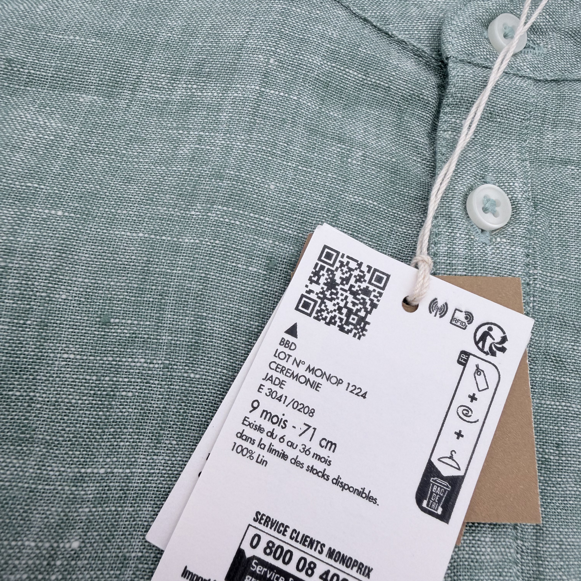Chemise vert sauge en lin — 12 mois