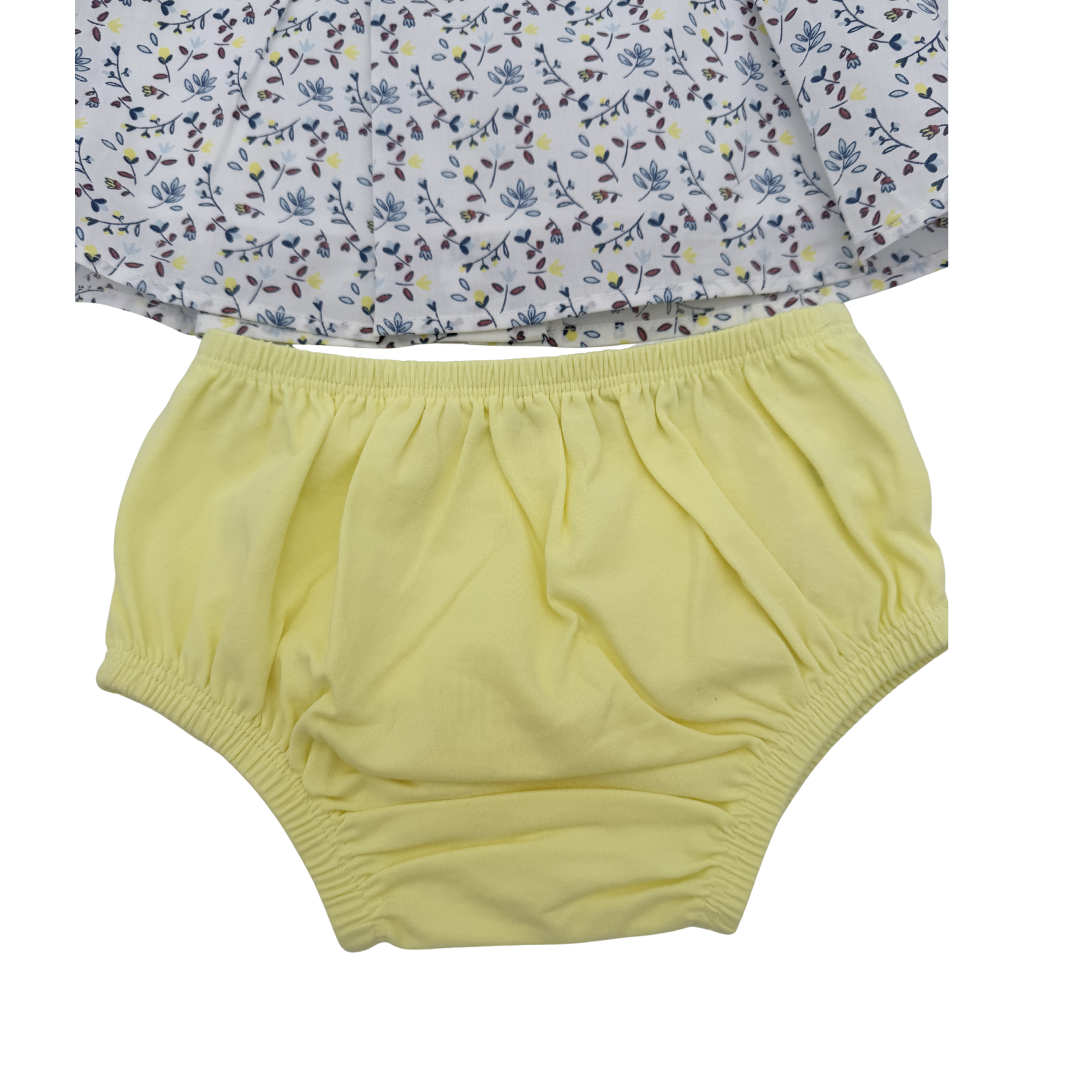 Robe fleurie blanche et bleu avec bloomer jaune — 6 mois