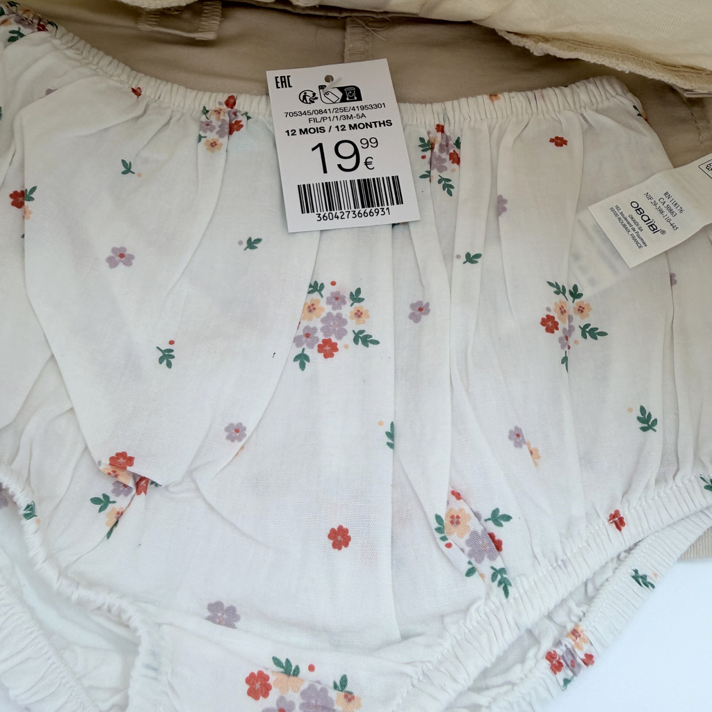 Robe salopette beige fleurie — 12 mois
