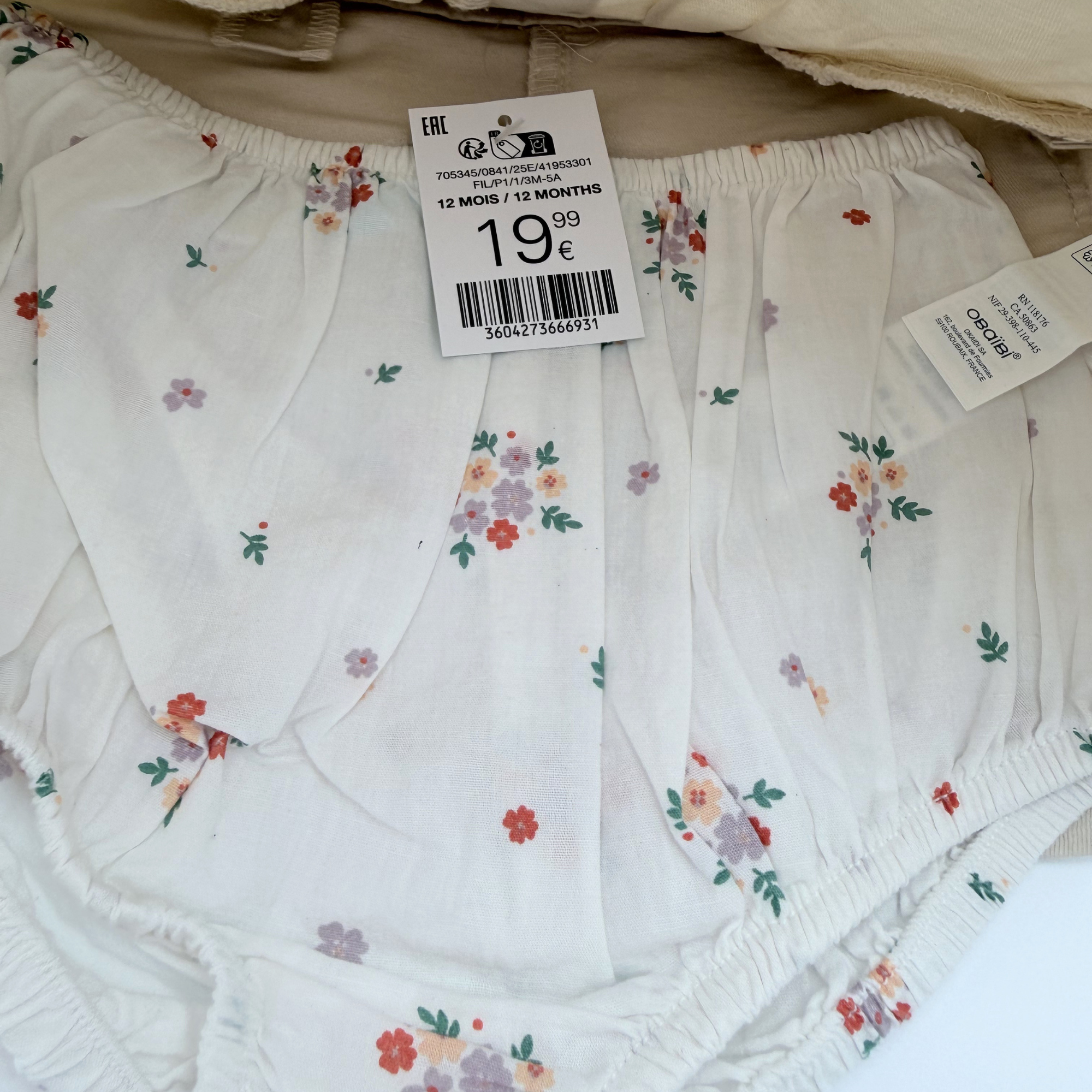 Robe salopette beige fleurie — 12 mois
