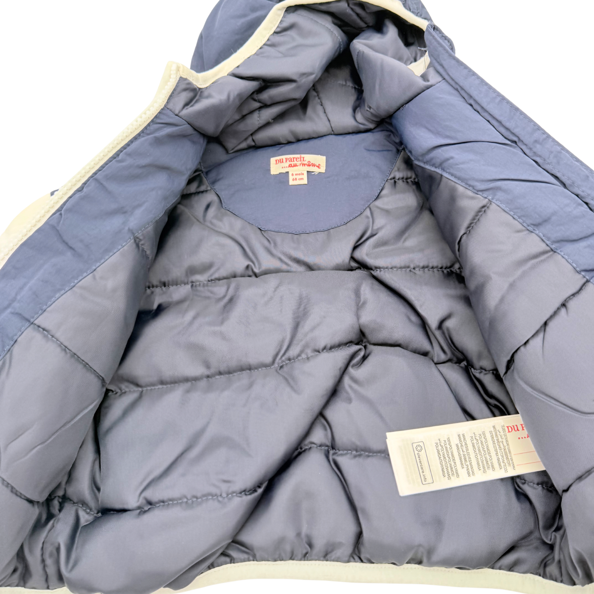 Veste bébé déperlante bleu marine et écru à capuche - 6 mois