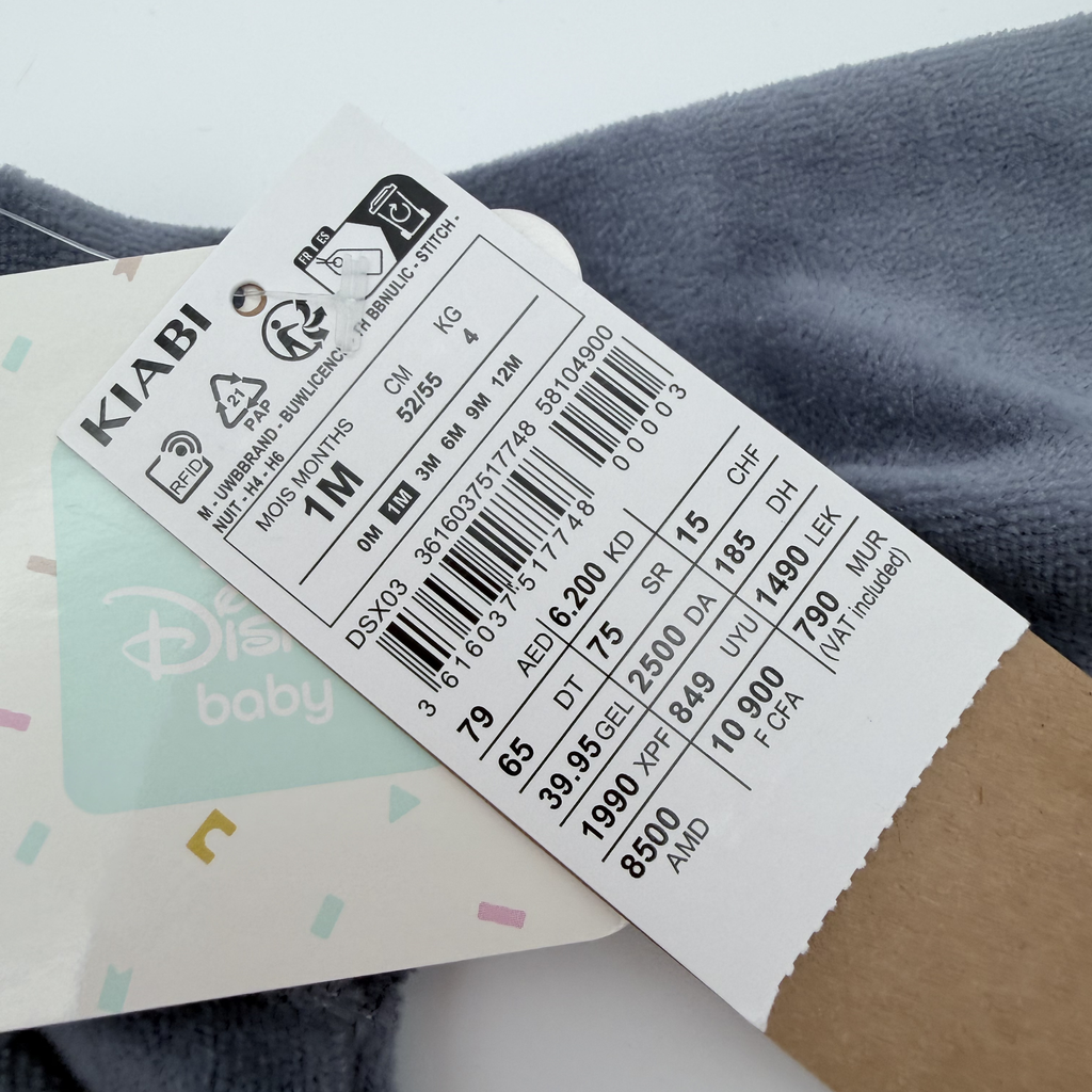 Pyjama velours gris Stitch — 1 mois