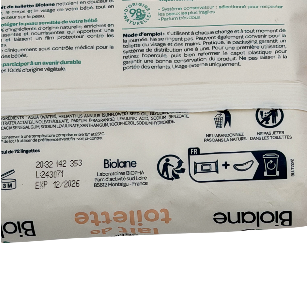 Paquet de 72 lingettes lait de toilette