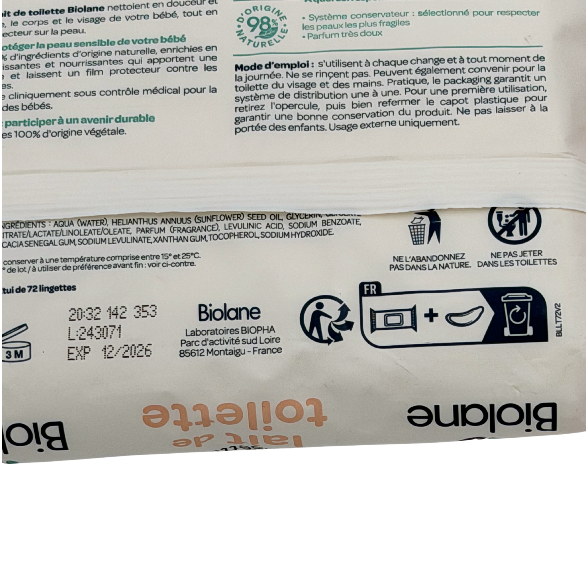 Paquet de 72 lingettes lait de toilette